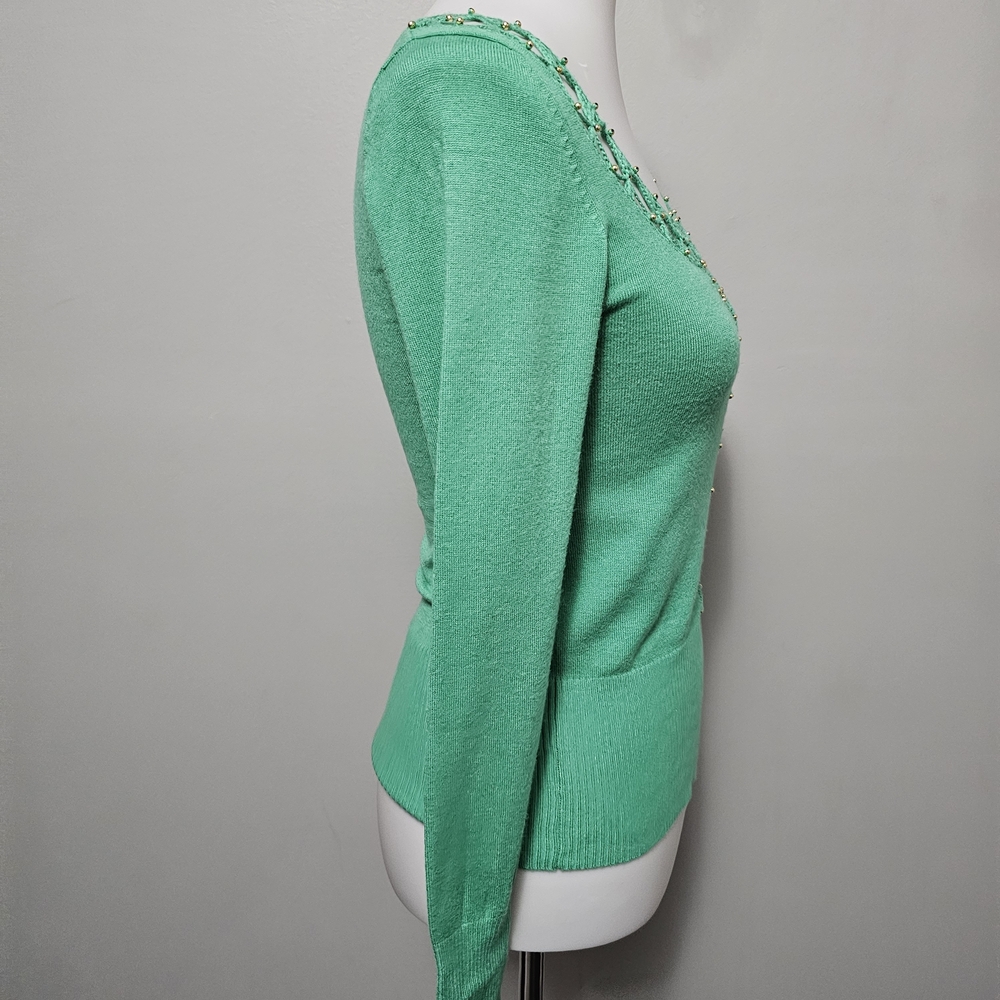 Shy Girl Y2K Mediterranean Green Medium Cutout Beaded Sweater Retro Romantic - Picture 4 of 8